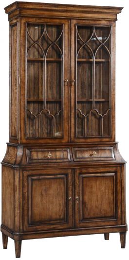 China Cabinet Rosalind Solid Wood Rustic Pecan Fretwork Glass Doors