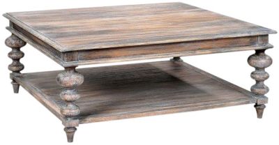 Cocktail Table Square Weathered Ceruse Wire-Brushed Wood Ogee Edge Shelf