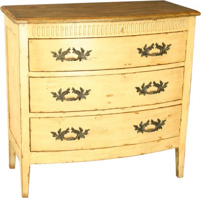 Colonial Bow Front Chest of Drawers, 3 Drawers, Glazed White, Brass Hardware