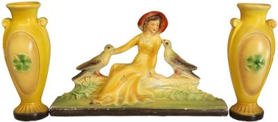 Colorful Antique Art Deco Chalkware Sculpture of Lady with Birds and Pair of Vases