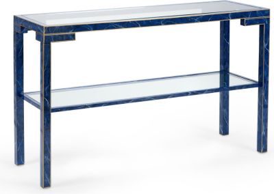 Console DECKER Clear Gold Trim Lapis Blue Lacquer Glass Wood