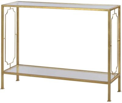 Console Table Narrow Glass Top Gold Metal Portrait Frame Straight Legs Shelf