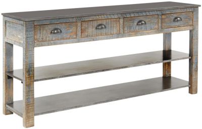 Console Table VIVIAN Distressed Iron Gray Top Antique Blue Base Reclaimed Pine