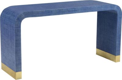Console Table WATERFALL Antique Brass Blue Raffia