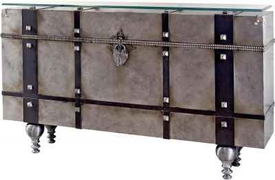 Console VIAJE Silver Bronze Tones Distressed Iron Glass Hand-Crafted in USA