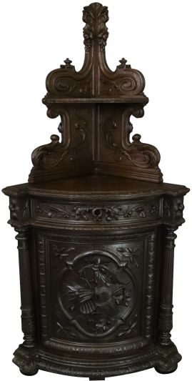 Corner Cabinet Antique French Hunting Renaissance Oak 1880 1-Door 1-Drawer