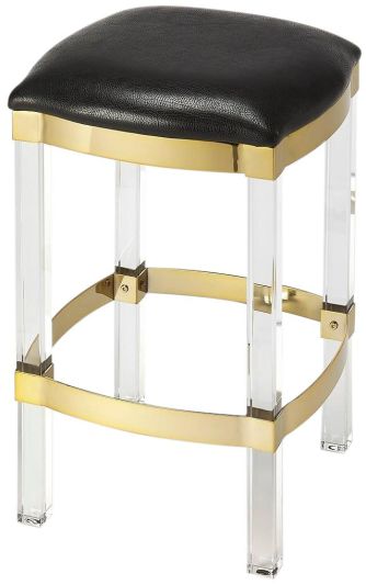 Counter Stool Black Urethane Foam Stone Inlay Leather Acrylic Inlaid