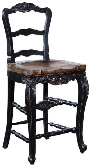 Counter Stool French Country Farmhouse Blackwash Wood, Floral Carved Saddle Seat