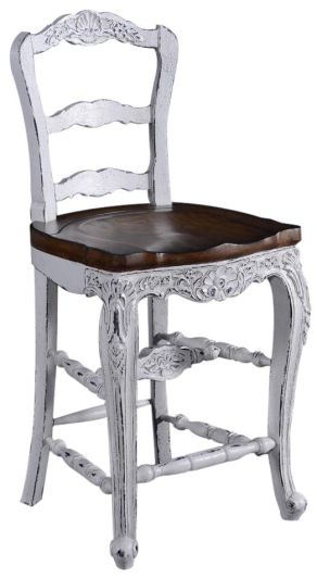 Counter Stool French Country Whitewash Rustic Pecan Floral Carved Saddle Seat