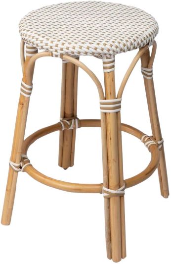 Counter Stool Mediterranean Backless Beige White Distressed Rattan Polyurethane