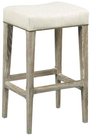 Counter Stool Woodbridge Vintage Finish Beige Linen Upholstered Brass Nailhead