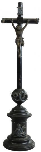 Crucifix Religious Snake Jesus Black Wood Silver Metal Antique Standing Cross