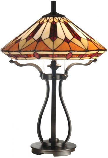 Dale Tiffany 2-Light Table Lamp, Brown/Amber Geometric Glass, Black Iron