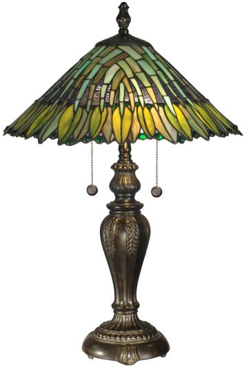 Dale Tiffany Leavesley Table Lamp, Fieldstone, Green/Yellow Art Glass, 2-Light
