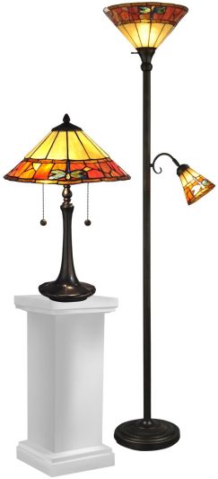 Dale Tiffany Table Floor Lamp Set, Genoa Glass, Brass Metal