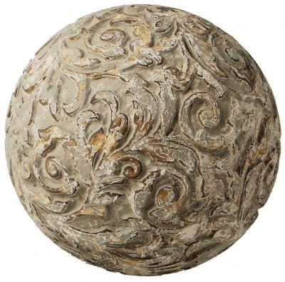 Decorative Ball Round Distressed Antique White Gray Wood Hand-Carved Carv