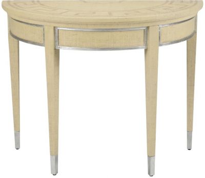 Demilune Table Console Greek Key Pattern Raffia Glass Wood