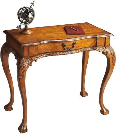 Desk Antique Brass Distressed Vintage Oak Rubberwood Hand-Carved Carved 1