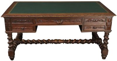 Desk Antique French Hunting Renaissance 1880 Carved Oak Wood Barley Twists