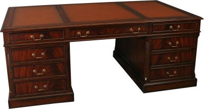 Desk English Style, Rich Mahogany, Antiqued Brass Handles, 16-Drawer, File