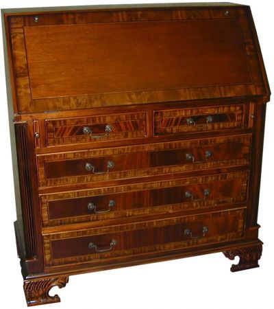 Desk Georgian Style Mahogany, Hand Tooled Leather, Banded Inlay, Carved Feet