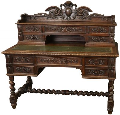 Desk Hunting Renaissance Antique French 1880 Carved Oak, Barley Twists, Animal