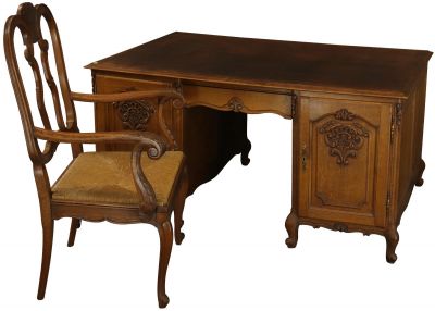 Desk and Chair Louis XV Rococo Vintage 1950 Oak Wood Office