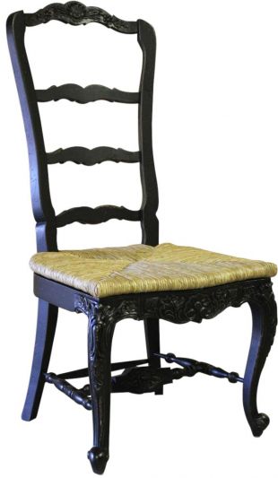 Dining Chair French Country Farmhouse Blackwash Floral Wood Carving Hand Rush