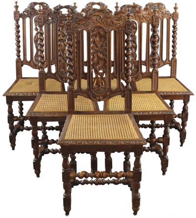 Dining Chairs Antique French Hunting Renaissance Set 6 Oak Cane Barley Twists