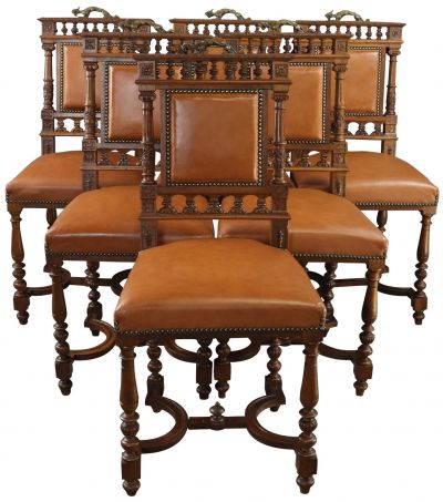 Dining Chairs Antique Renaissance Set 6 Beast Handle Walnut Brown Faux Leather