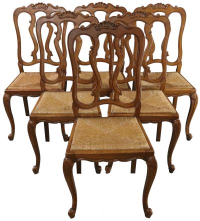 Dining Chairs Louis XV Rococo Vintage French 1950 Oak Rattan Charming Set 6