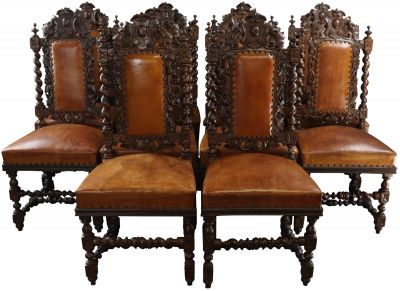Dining Chairs Set 10 French Hunting Renaissance Brown Leather Carved Oak Wood