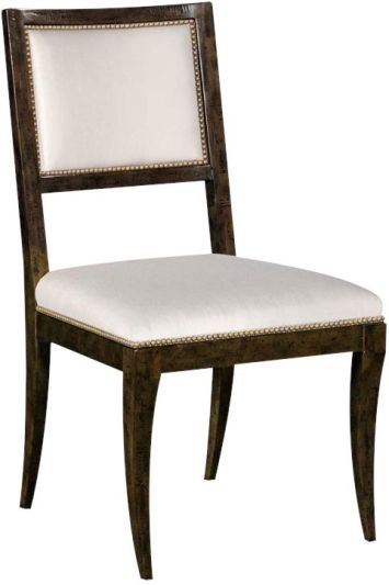 Dining Side Chair WOODBRIDGE ROSS Tapered Posts Mink Antique Brass Brown Fabric
