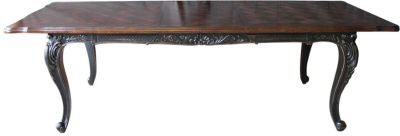 Dining Table Extendable Carved Antiqued Blackwash Parquet Top French Legs