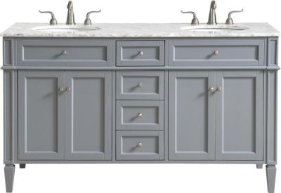 Vanity Cabinet Sink Double Chrome Gray Solid Wood 4 -Door -Drawer