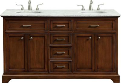 Vanity Cabinet Sink Double Brushed Steel Teak Solid Wood 4 -Door -Drawer