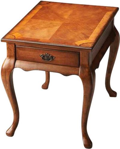 End Table Side Queen Anne Antique Brass Distressed Olive Ash Burl Rubberwood