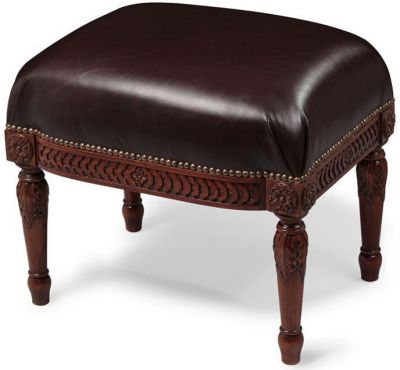 Foot Stool Scarborough House Hand Carved Mahogany Brown Leather, Brass Nails