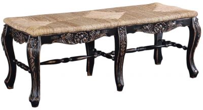 French Country Bench Window Seat, Blackwashed Carved Wood, Handwoven Rattan