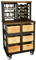 Hobbs Germany Bar Cabinet Wine Rack Glasses, Bordeaux Crates, Walnut, Wheels