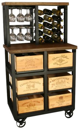 Hobbs Germany Bar Cabinet Wine Rack Glasses, Bordeaux Crates, Walnut, Wheels