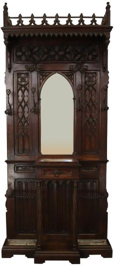 Hall Tree Antique French Gothic Carved Walnut Marble Arch Mirror Iron Coat Rack