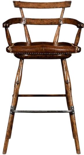 Bar Stool Woodbridge Tudor Oak With Arms Unusual Back Shape Brown Leather Seat