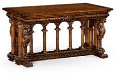 Jonathan Charles Windsor Library Table, Renaissance Carved Walnut, Lion