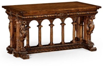 Jonathan Charles Windsor Library Table, Renaissance Carved Walnut, Lion