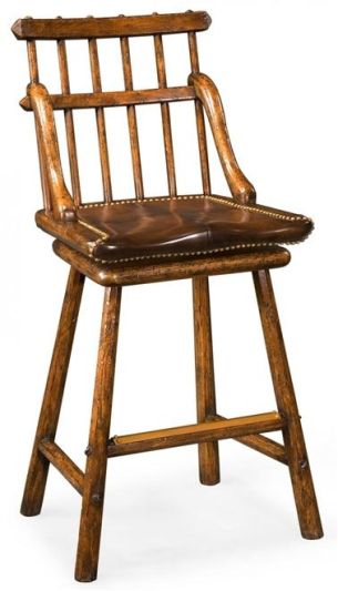 Bar Stool Woodbridge Tudor Oak Wood Traditional Studded Leather Revolving Seat