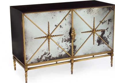 Side Cabinet JOHN-RICHARD RIO Carved Doors Black Foxed Lacquer Old Gold Spots