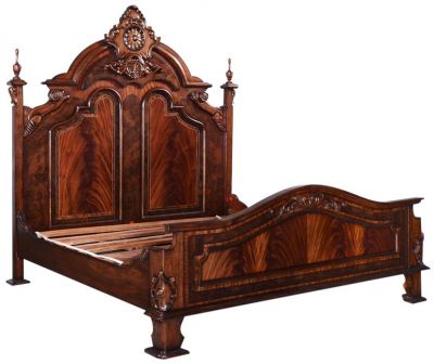 King Bed, Victorian Style Carved Double Arch, Flame Mahogany, Burl Inlay