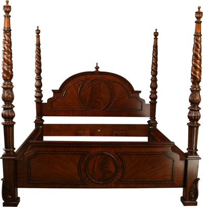 King Bed Mahogany Marquetry Cameo Arched Spiral Four Poster Bed
