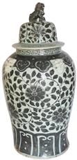 Temple Jar Vase Vine Floral Lion Lid Black Ceramic Handmade Hand-Cr